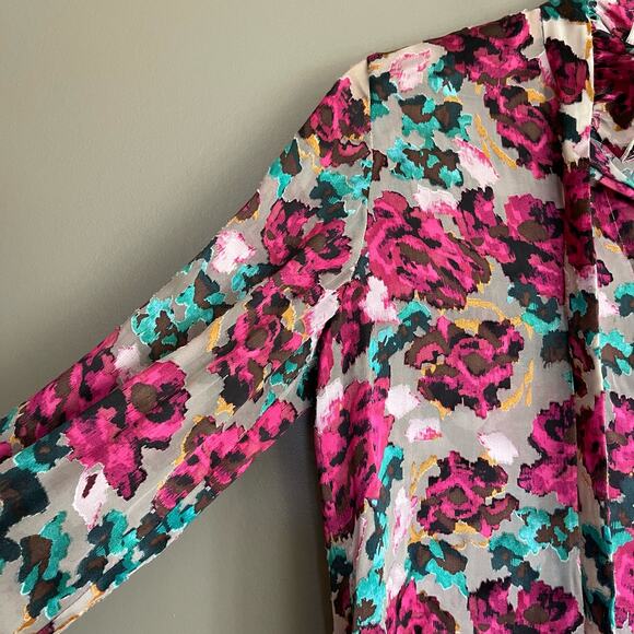 SALONI Emile Floral‎ Print Button Front Silk Top In Blossom Cloudy Rose Size 0 - Picture 12 of 16